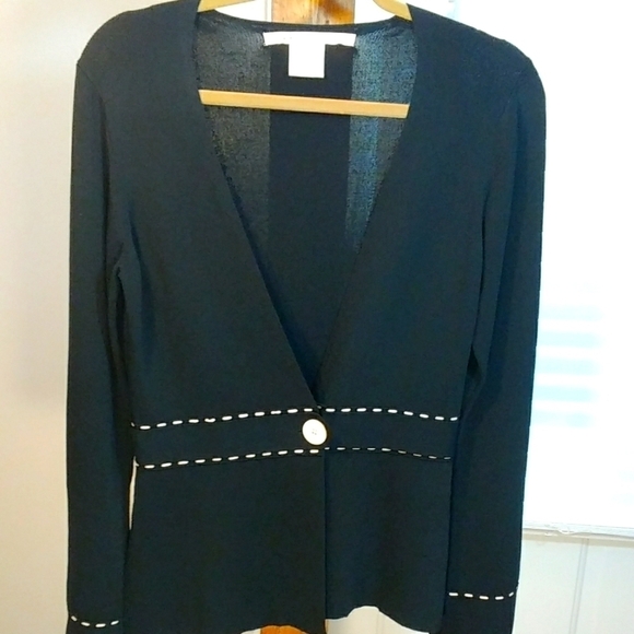 Max Studio Black Elegan Long Sleeves Contrast Cream Trim Cardigan Sweater Size S - Picture 1 of 13